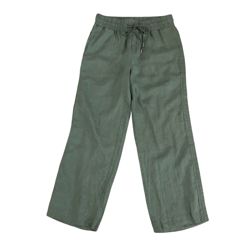 Quince women's olive green 100% linen pull on wide leg high rise pants L long